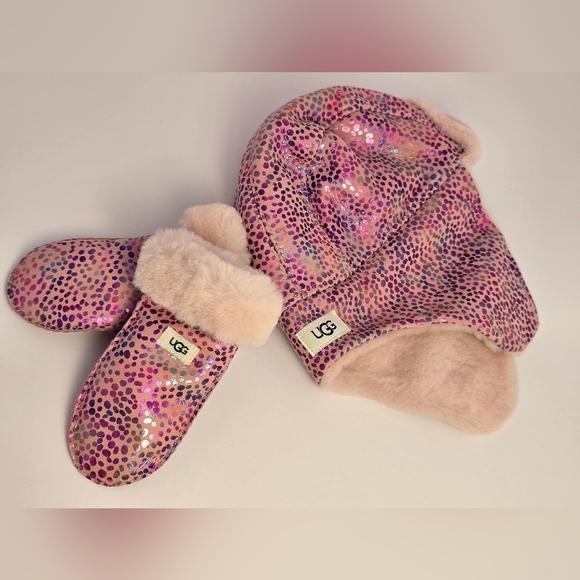 UGG Pink & Purple Metallic Spotted Toddler Leather Trapper Hat & Mittens 2-4yrs - Picture 3 of 12
